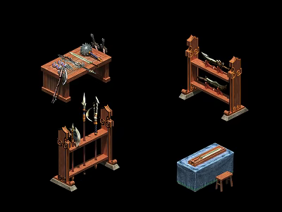 Medieval Weapon Display With Wooden Racks Tables And Various Armaments Setup 3d model