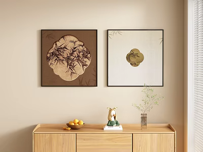 Two Landscape Paintings With Bamboo And Circular Design Above Wooden Cabinet With Fruits And Vase 3d model
