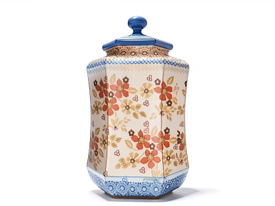 Octagonal Ceramic Jar With Blue Lid And Colorful Floral Patterns On White Base 3d model