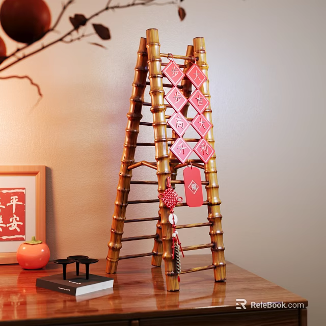 Decorative Ornament Set With Hanging Bamboo Ladder Red Fortune Characters And Peace Themed Decor 3d model 