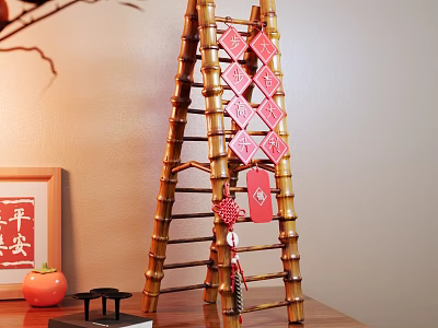 Decorative Ornament Set With Hanging Bamboo Ladder Red Fortune Characters And Peace Themed Decor 3d model
