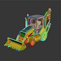 Yellow Wheeled Backhoe Loader With Front Bucket Rear Arm And Operator Cab