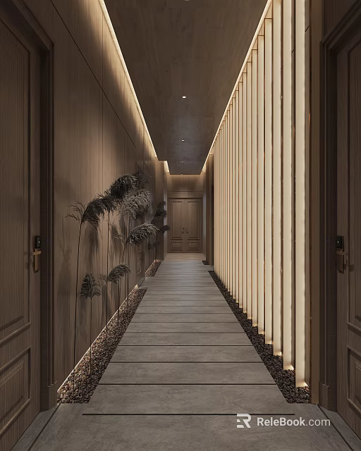 Modern Hotel Corridor With Wooden Walls Gray Stone Floor Linear Lighting And Reed Plants 3d model 