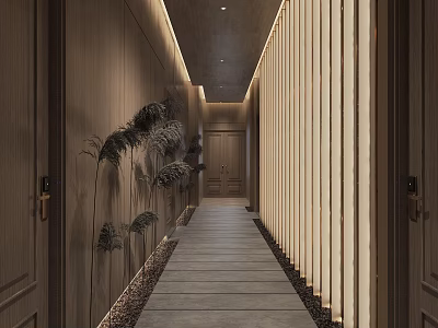 Modern Hotel Corridor With Wooden Walls Gray Stone Floor Linear Lighting And Reed Plants 3d model