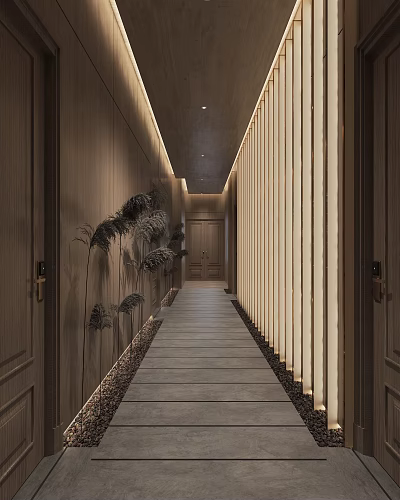Modern Hotel Corridor With Wooden Walls Gray Stone Floor Linear Lighting And Reed Plants 3d model