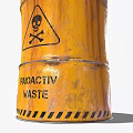 Yellow Industrial Radioactive Waste Container with Warning Signs and Skull Symbol