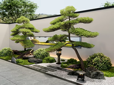 Serene Karesansui Dry Landscape Garden With Pruned Pines Stone Lanterns And Mossy Stones 3d model