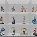 Anime Action Figures Collection Displayed On White Shelf With Various Characters 3d model