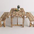 Rustic Wooden Dining Table with Benches Fruit Plate and Succulent Plant Decor