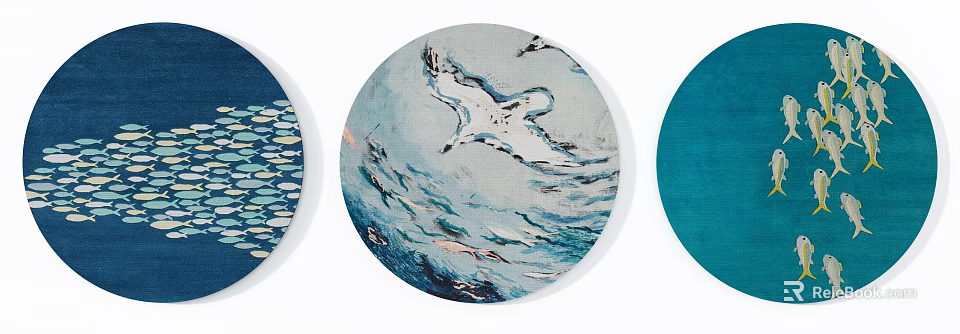 Round Rug With Seagull Waves Design Fish Pattern And Solid Blue Accents 3d model