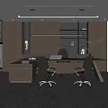 Modern Office Interior Design With Wooden Desk Gray Chairs Bookshelf Green Plant And Blinds