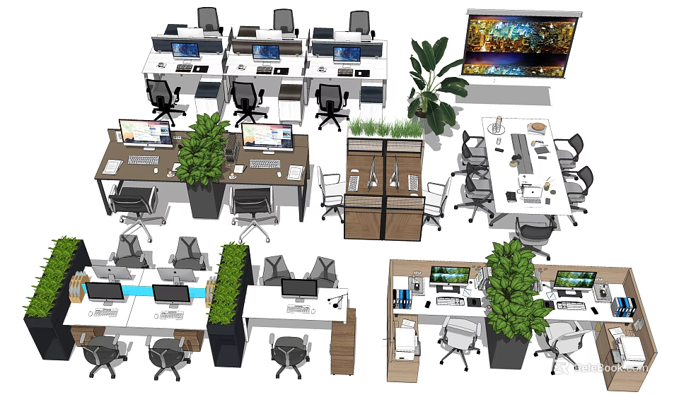 Modern Office Workspace With Multiple Desks Computers Chairs And Green Plants 3d model