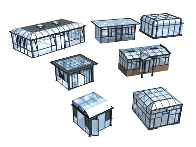 Various Glass House Structures With Different Roof Designs And Window Frames 3d model