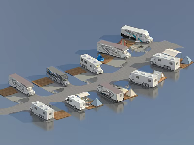 Various Recreational Vehicles Parked At Camping Site With Awnings And Pathways 3d model
