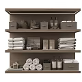 Organized Bathroom Shelf with Neatly Rolled Stacked Towels and Storage Boxes