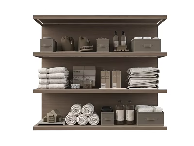 Organized Bathroom Shelf with Neatly Rolled Stacked Towels and Storage Boxes 3d model