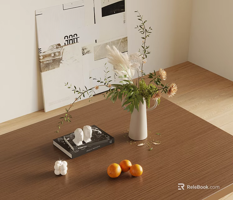 Decorative Ornament Combination With Vase Flowers Greenery Book White Ornaments And Oranges On Wooden Table 3d model 