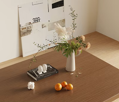 Decorative Ornament Combination With Vase Flowers Greenery Book White Ornaments And Oranges On Wooden Table 3d model
