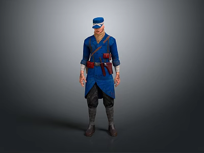 Male Character In Blue Uniform With Cap And Red Belt Standing Pose 3d model