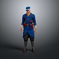 Male Character In Blue Uniform With Cap And Red Belt Standing Pose