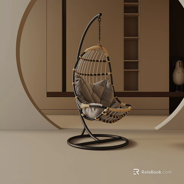 Stylish Hanging Leisure Chair With Rattan Design Metal Frame And Comfortable Soft Cushions 3d model 