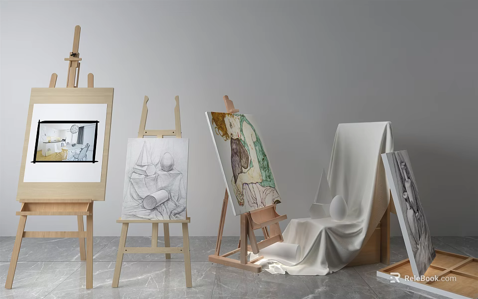 Musical Instruments and Art Supplies Display with Easels Canvases and Paintings in Creative Studio 3d model 