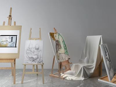 Musical Instruments and Art Supplies Display with Easels Canvases and Paintings in Creative Studio 3d model