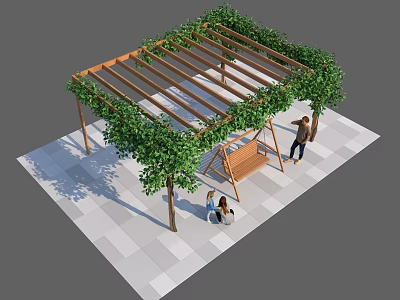 Greenery Covered Wooden Pergola On Paved Ground With Swing And People Relaxing 3d model