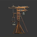 Traditional Wooden Mechanical Equipment With Tripod Base Multi Level Platforms And Suspended Parts