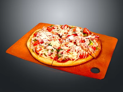 Freshly Baked Pizza with Tomato Ham Bell Peppers and Cheese on Orange Board 3d model