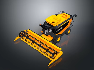 Yellow Agricultural Combine Harvester With Large Reaping Header And Black Cab 3d model
