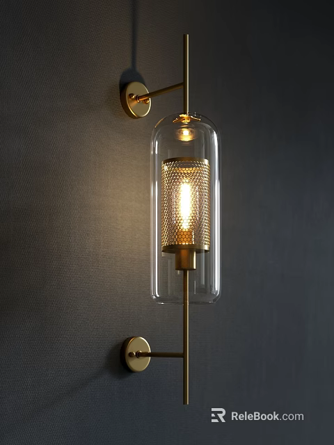Modern Wall Lamp With Transparent Glass Shade And Golden Metal Warm Lighting On Dark Wall 3d model 
