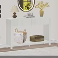 White Entryway Console Table with Table Lamp Mirror Vase Baskets Wooden Box and Welcome Sign
