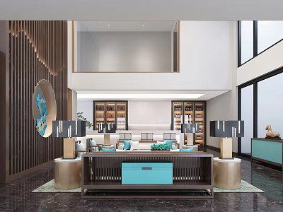 Modern Reception Room Interior With Sofa Coffee Table Bookshelves And Decorative Lighting 3d model