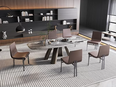 Elegant Modern Dining Table Set With Marble Top And Brown Chairs Near Bookshelves 3d model