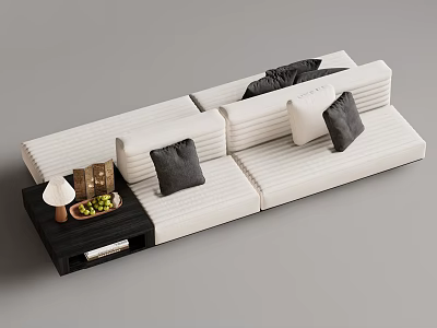 White Striped Sectional Sofa With Dark Decorative Pillows And Side Table With Lamp Fruits 3d model