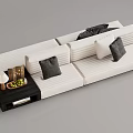 White Striped Sectional Sofa With Dark Decorative Pillows And Side Table With Lamp Fruits