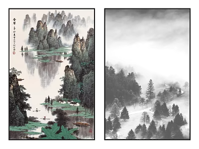 Scenic Chinese Traditional Landscape Painting With Mountains Trees Water And Mist 3d model