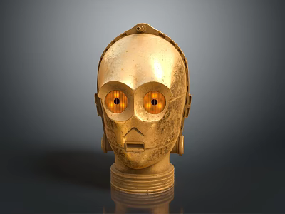 Golden Robot Head Furniture Decorative Piece With Metallic Finish Orange Light Eyes Black Base Stand 3d model
