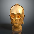 Golden Robot Head Furniture Decorative Piece With Metallic Finish Orange Light Eyes Black Base Stand