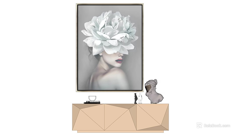 Portrait Painting With White Flower On Head Gray Background Above Geometric Cabinet With Koala Figurine 3d model 
