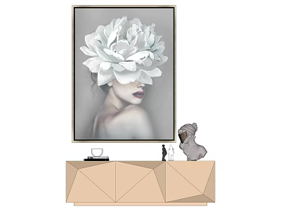 Portrait Painting With White Flower On Head Gray Background Above Geometric Cabinet With Koala Figurine 3d model