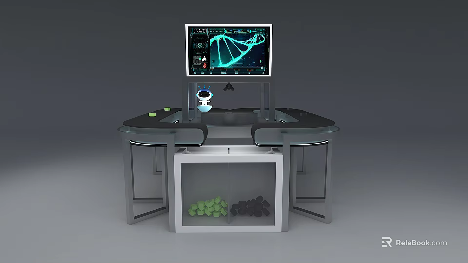 Modern Lab Station With Digital Display Screen Data Graphs Transparent Container With Green Black Spheres 3d model
