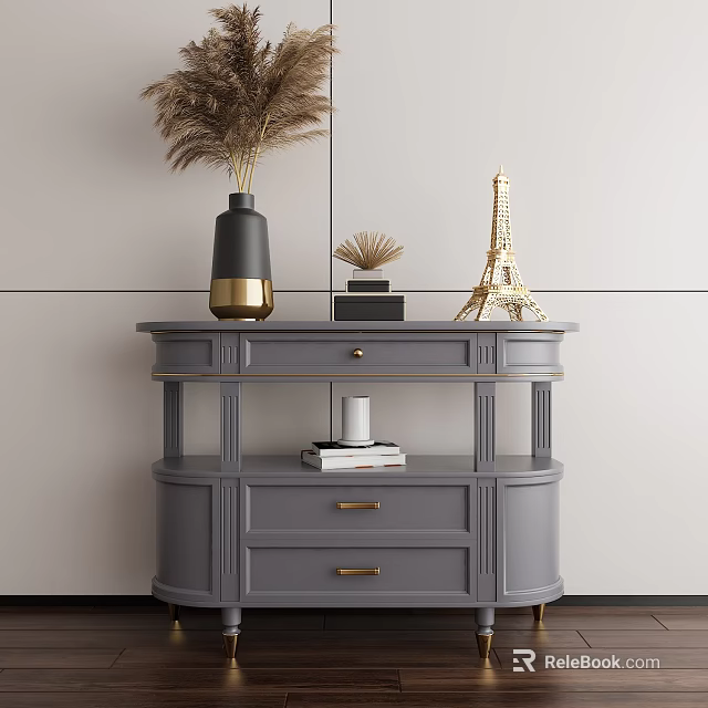 Elegant Gray Console Table With Pampas Grass Decor Eiffel Tower Model And Books 3d model