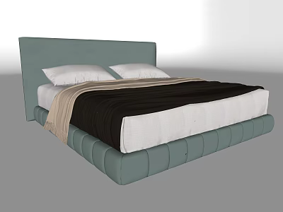 Comfortable Double Bed With Light Blue Headboard Upholstered Base And Dark Bedding 3d model