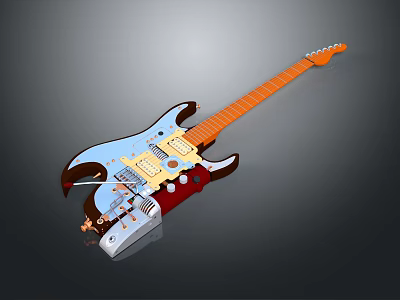 3D Electric Guitar Model Featuring Blue Red Body Orange Neck And Gold Pickups Design 3d model