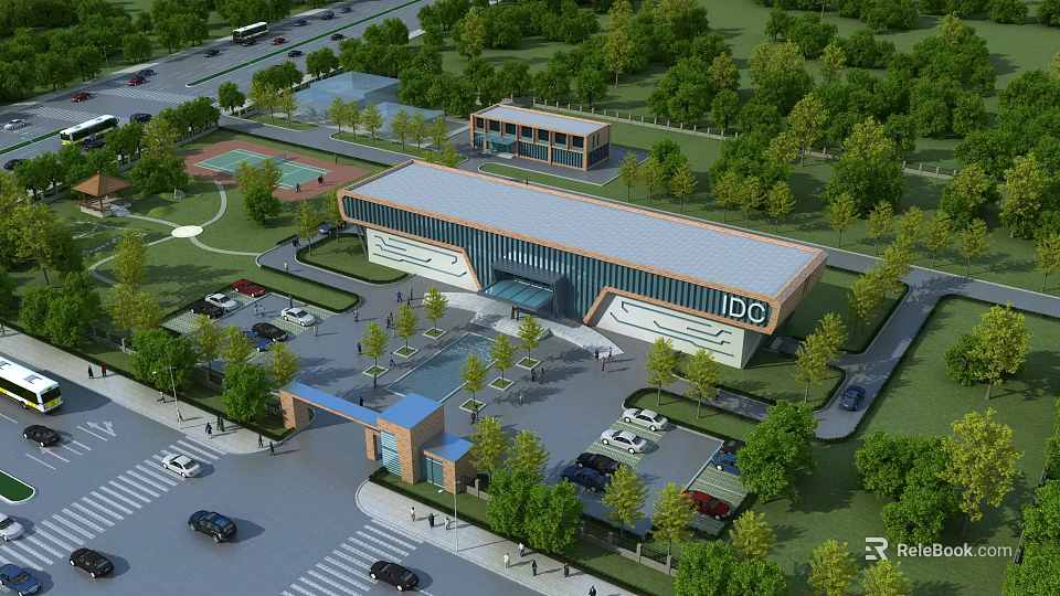 Modern Industrial Factory Building With Surrounding Greenery Parking Lot And Trees 3d model 