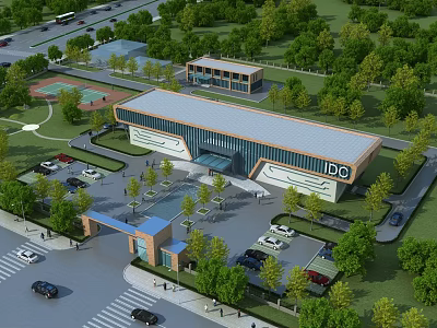 Modern Industrial Factory Building With Surrounding Greenery Parking Lot And Trees 3d model