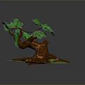 Bonsai Tree with Curved Brown Trunk Green Leaves and Exposed Roots on Green Grass Base