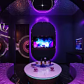 Modern KTV Lounge With Purple Lighting Arched Structures Neon Rings Sofas Table Drinks And Fruits